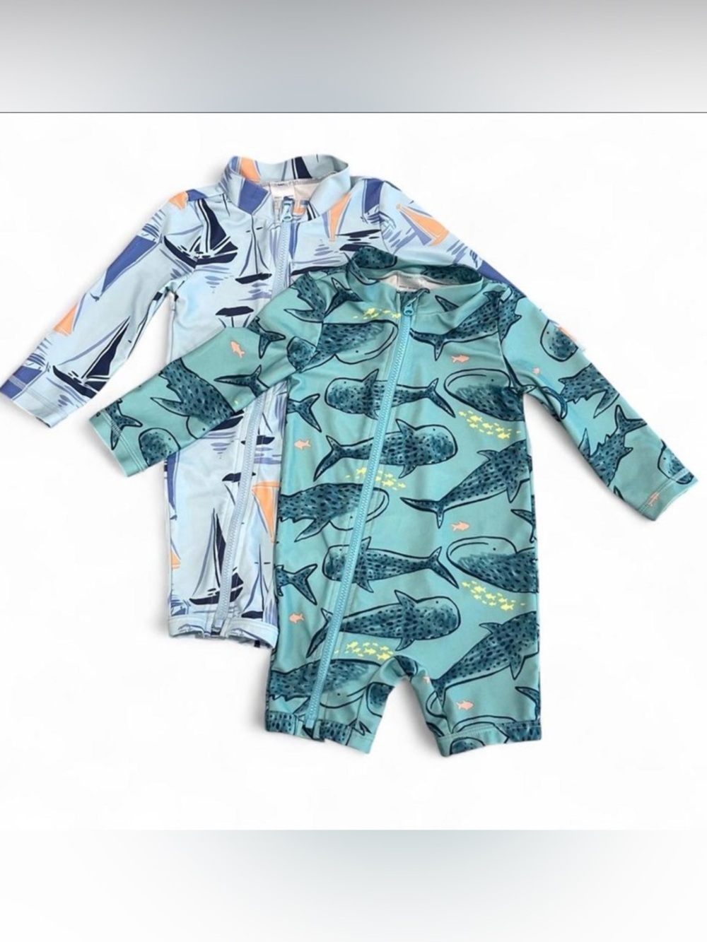 Carter's Long Sleeve Rashguard Swimsuit Bundle Teal Whale & Light Blue Boats 9mo
